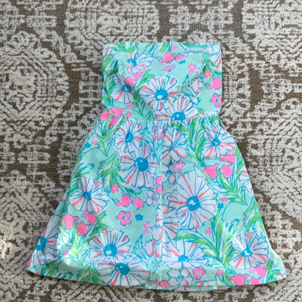 Lilly Pulitzer Strapless Dress in Pink and Blue Floral